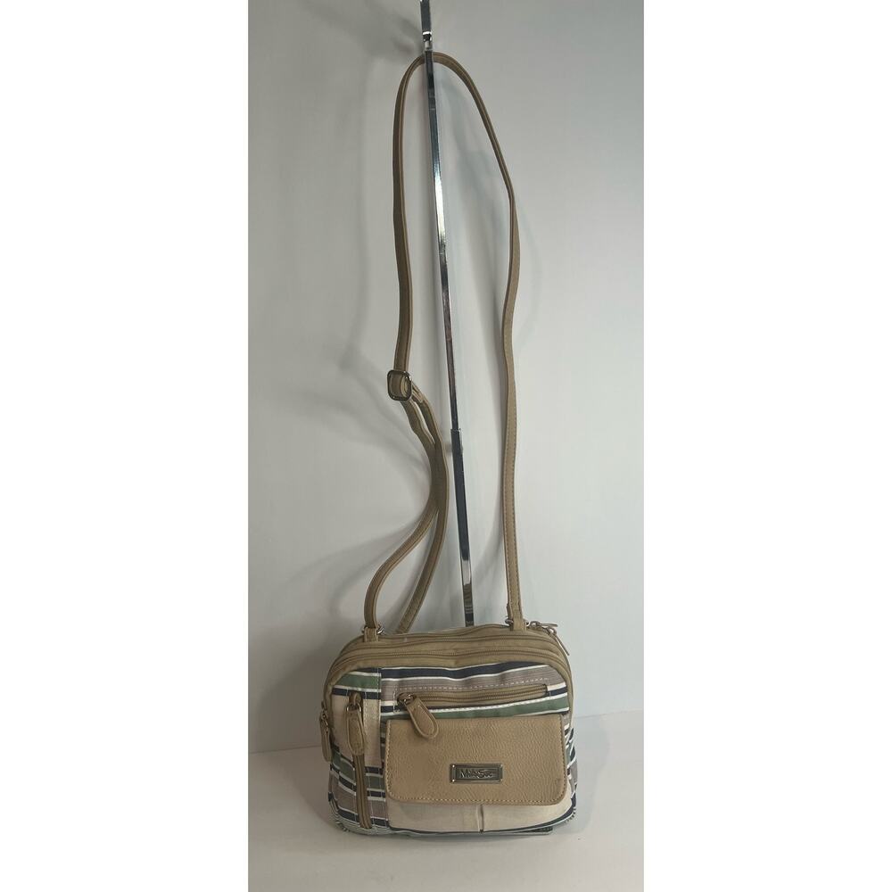 MultiSac Zippy‎ Tan Green Blue Striped Triple Compartment Crossbody Shoulder Bag
